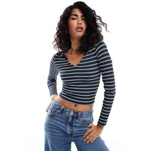 Hollister contrast ribbed plunge neck crop top in navy and white stripe  Size M